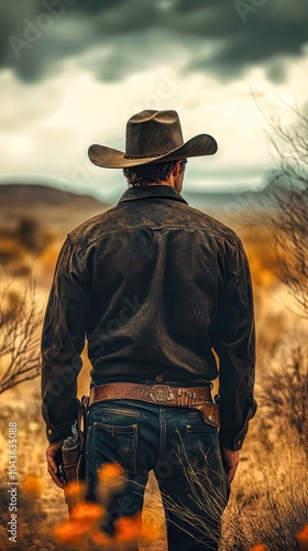 Cowboy riding away on horseback into sunset with dramatic sky