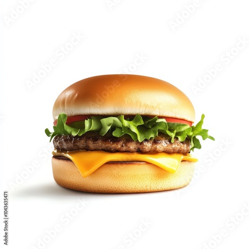 Delicious cheeseburger with fresh lettuce and tomato on a white isolated background.