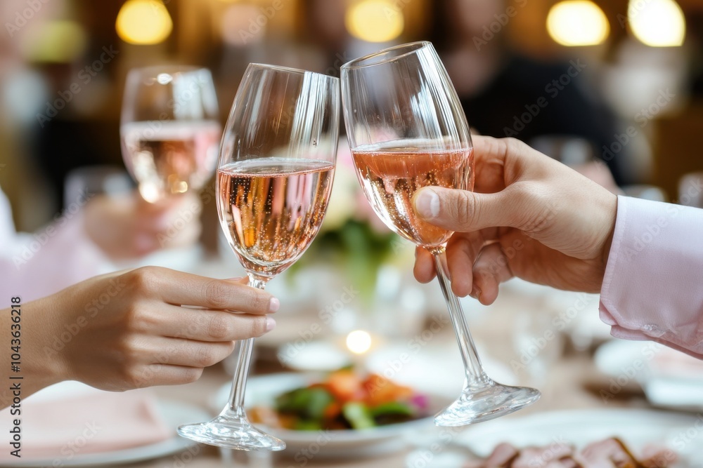 Obraz premium Three hands clinking glasses with pink champagne in celebratory toast, creating joyful atmosphere. background features blurred dining setting with warm lighting