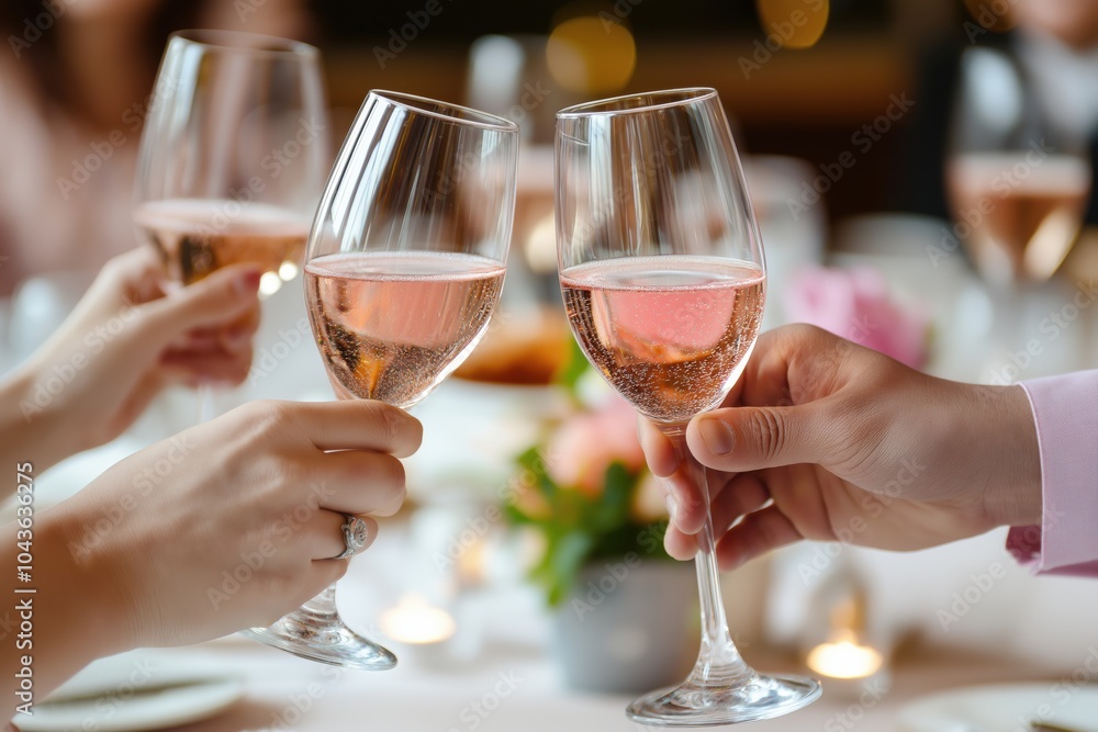 Three hands clink glasses filled with pink champagne, celebrating in warm, elegant setting. atmosphere is joyful and festive, with soft lighting and floral decorations Three hands clink glasses filled with pink champagne, celebrating in warm, elegant setting. atmosphere is joyful and festive, with soft lighting and floral decorations
