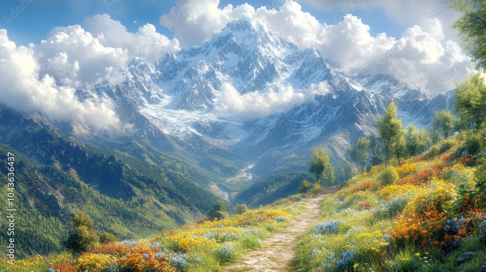 Fototapeta premium A serene mountain landscape with vibrant flowers and a clear sky.