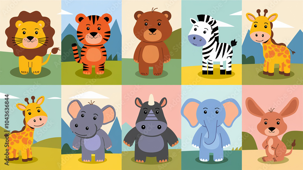 Obraz premium Cute Cartoon Animals Set Jungle Safari Wildlife