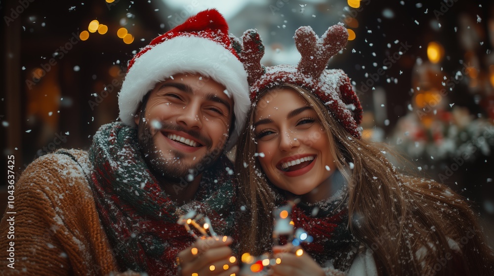 attractive couple celebrating Christmas wearing white and red antlers with confetti coming out as they laugh joyfully attractive couple celebrating Christmas wearing white and red antlers with confetti coming out as they laugh joyfully