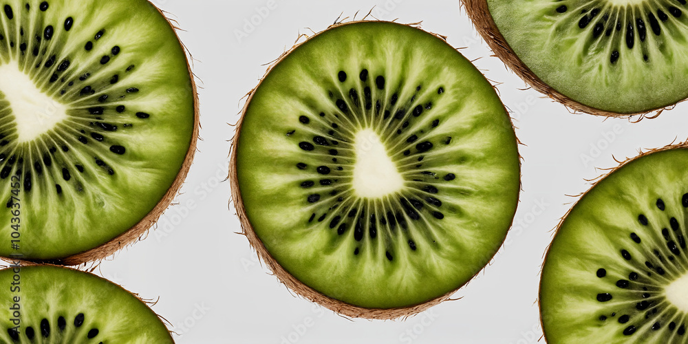 Fototapeta premium Mehrere Kiwi-Scheiben in einer symmetrischen Anordnung – intensives Grün und kontrastreiche schwarze Samen schaffen ein harmonisches und erfrischendes Bild