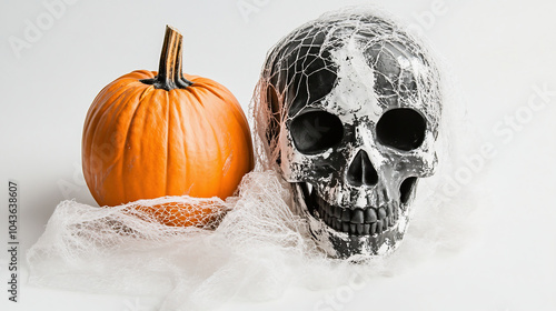 Skull with black paint on face and white net scarf next to pumpkin, isolated on a clear white background. Studio shot. photo