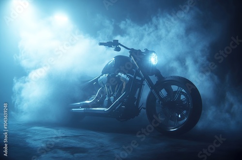 A motorcycle standing on wet asphalt at night, surrounded by smoke.
 photo