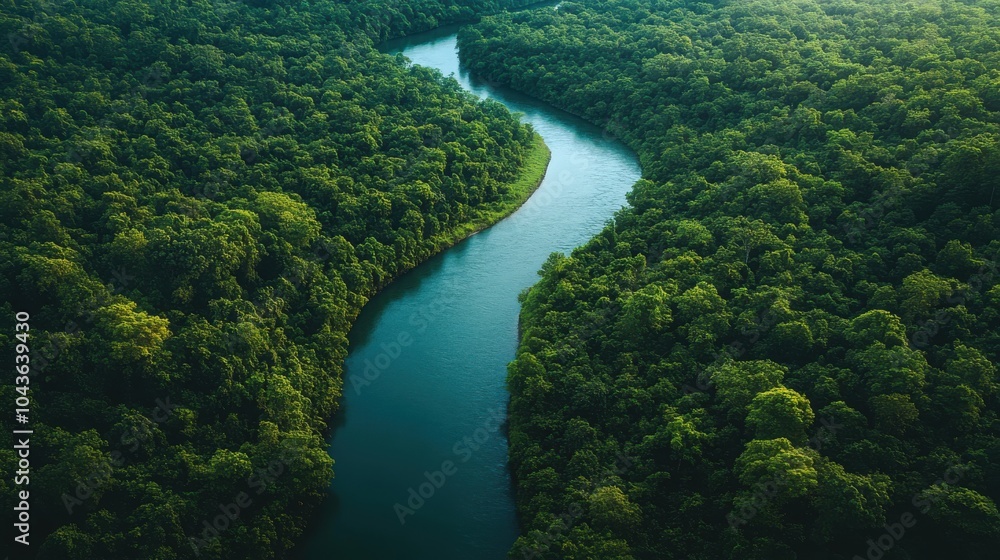 Aerial view of a serpentine river flowing through a lush, vibrant forest, showcasing nature's intricate patterns and colors. Aerial view of a serpentine river flowing through a lush, vibrant forest, showcasing nature's intricate patterns and colors.