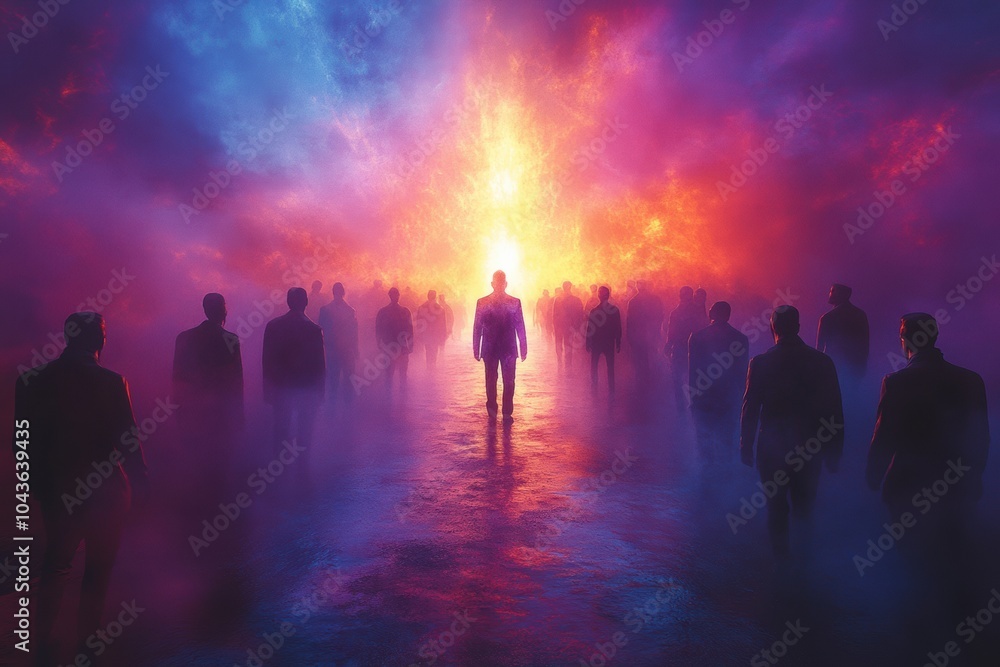 Ethereal Gathering of Silhouetted Figures in Colorful Light Ethereal Gathering of Silhouetted Figures in Colorful Light