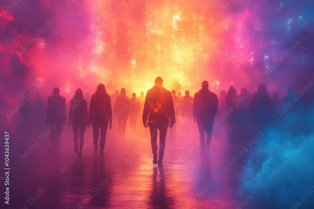 Fototapeta premium Mysterious figure walking through colorful foggy lights