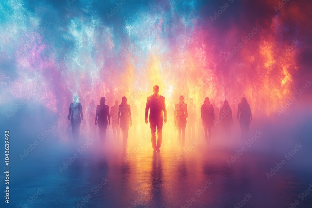 Mysterious Figures in Colorful Digital Landscape Mysterious Figures in Colorful Digital Landscape