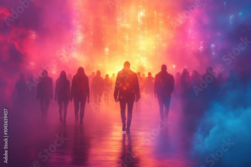 Mysterious figure walking through colorful foggy lights