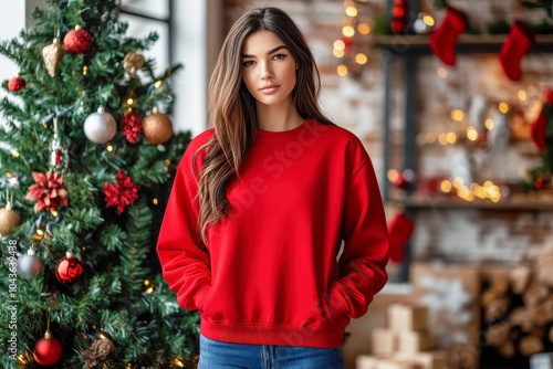 Sweatshirt Mockup: blank template of beautiful woman wearing red sweatshirt, with Christmas tree in background and festive decorations