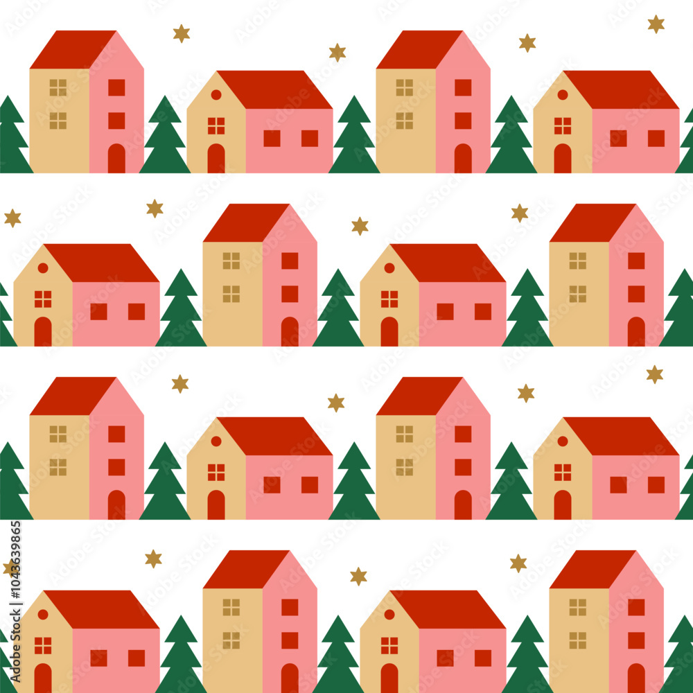 Christmas seamless patterns with houses and pine trees on white background. Template for winter holidays design. Vector illustration Christmas seamless patterns with houses and pine trees on white background. Template for winter holidays design. Vector illustration