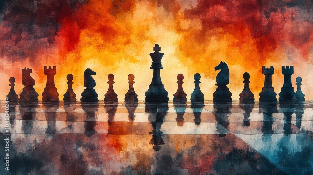 Chess Pieces Silhouette Against Colorful Background Chess Pieces Silhouette Against Colorful Background