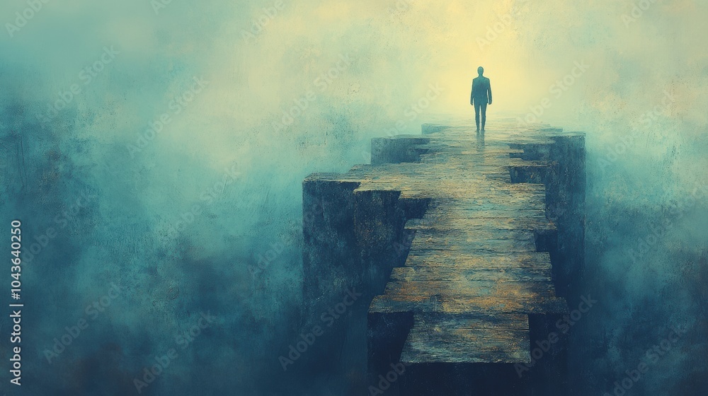 Solitary Figure on Ethereal Pathway in Foggy Landscape Solitary Figure on Ethereal Pathway in Foggy Landscape