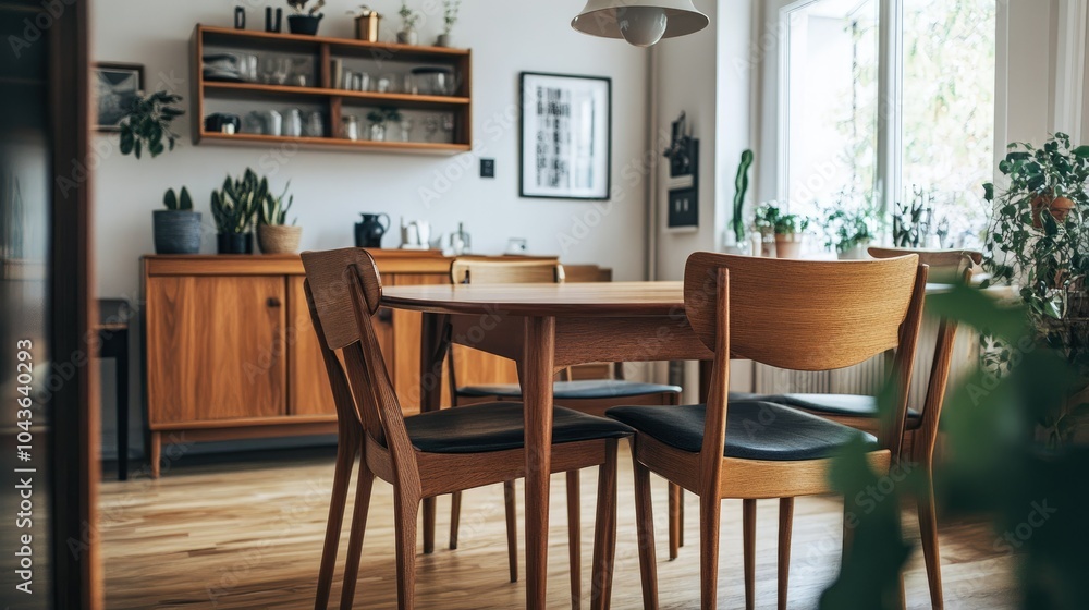 Beautifully designed Scandinavian dining room with mid-century modern influences, featuring wooden furniture and a clean, calm atmosphere. Beautifully designed Scandinavian dining room with mid-century modern influences, featuring wooden furniture and a clean, calm atmosphere.
