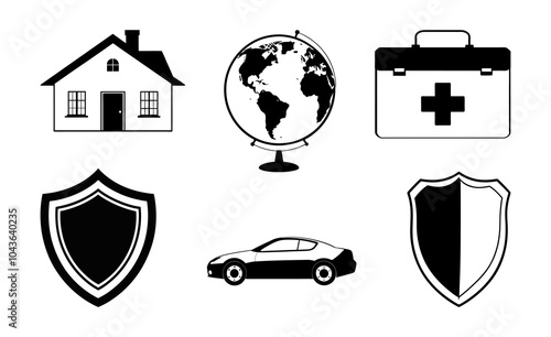 A set of black and white icons depicting various types of insurance including home, travel, health, auto and general insurance. safeguard, secure, insurance icon set, insurance symbol, insurance graph