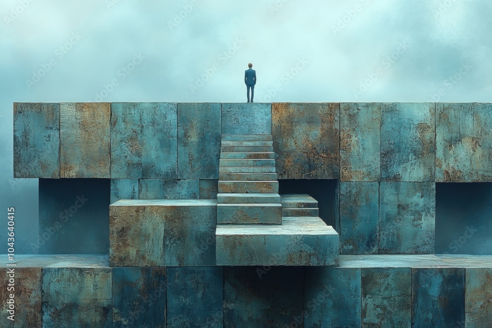 Solitary Figure on Abstract Stairs in Surreal Landscape Solitary Figure on Abstract Stairs in Surreal Landscape