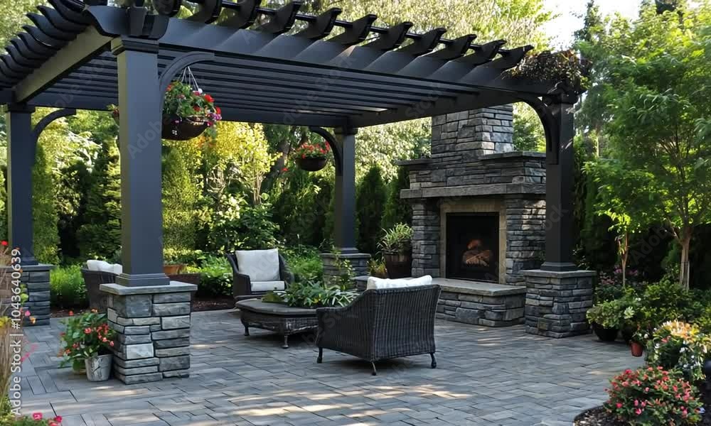 Cozy outdoor patio with a pergola and fireplace surrounded by greenery. Cozy outdoor patio with a pergola and fireplace surrounded by greenery.