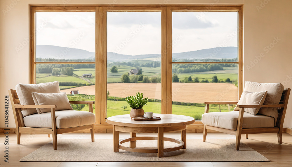 Fototapeta premium Living Room with Large Windows. A stylish reading nook featuring a cozy armchairs with a brown pillows and countryside view.