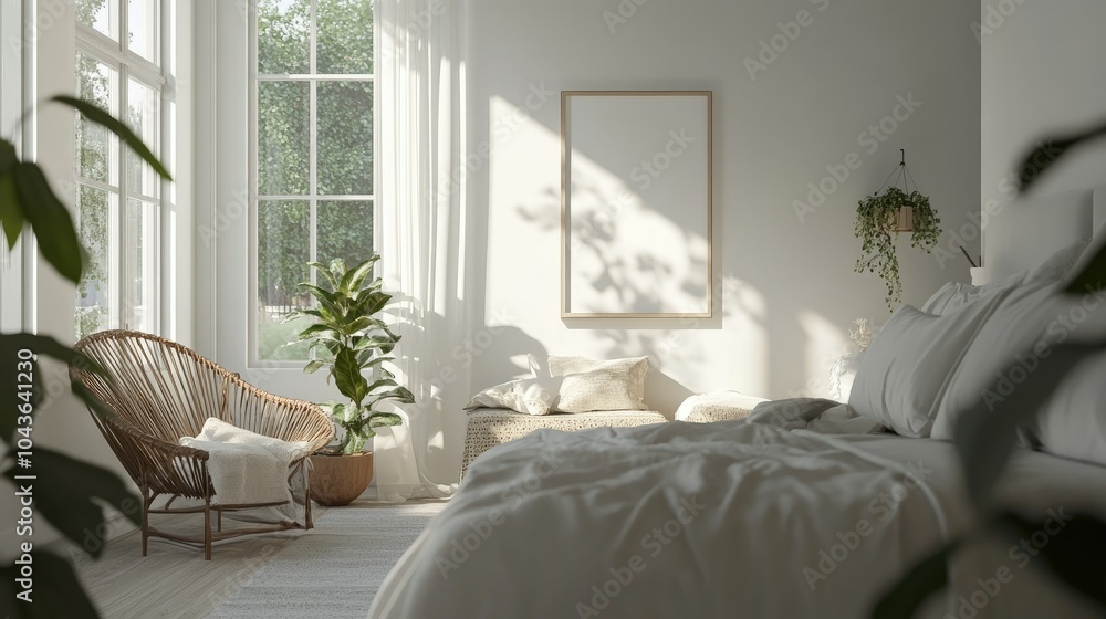 Fototapeta premium Bright and airy bedroom with a frame mockup on the wall, perfect for displaying prints or posters, embodying a stylish and welcoming vibe.