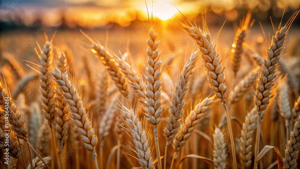 Fototapeta premium Golden wheat field at sunset, close-up view, rural agricultural landscape, warm lighting, copy space