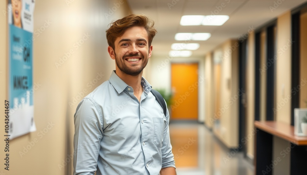 Fototapeta premium A smiling young man stands confidently in a brightly lit hallway of an office building during the day