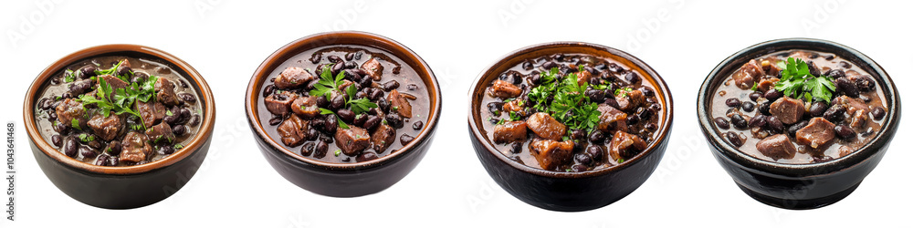 A bowl of traditional Brazilian feijoada with black beans and pork. isolated on transparency background A bowl of traditional Brazilian feijoada with black beans and pork. isolated on transparency background