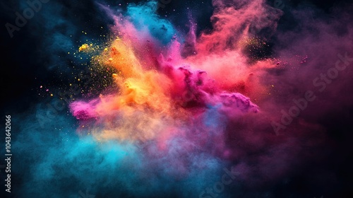 Bright Holi paint powder clouds erupt into a burst of color, capturing the vibrant spirit of celebration.