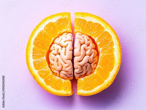 Orange revealing human brain inside on purple background