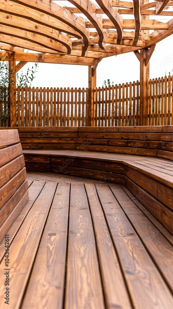 Obraz premium Wooden gazebo interior with benches and natural light.