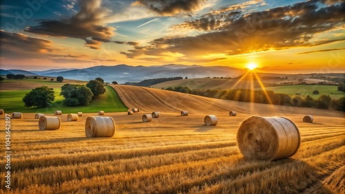 Sunset over a golden field with hay bales, peaceful rural landscape, agricultural scenery, copy space