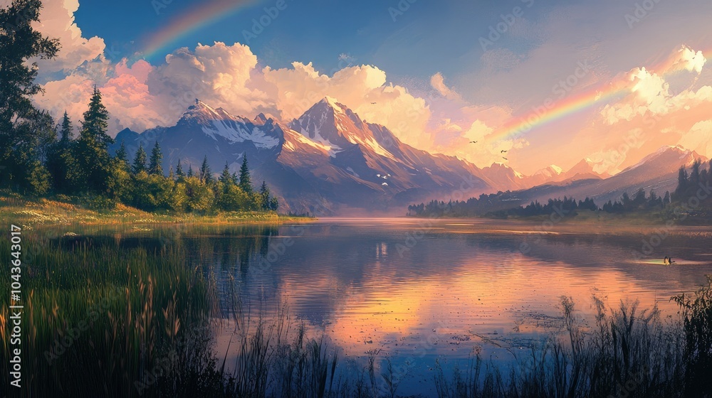 Fototapeta premium Calm lake reflecting the sky, with tall grass, trees, and a rainbow stretching over a majestic mountain range