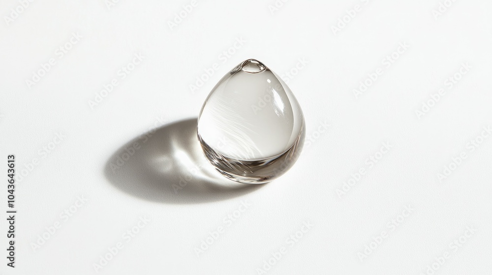 Clear skincare toner droplet with light reflecting off its glossy surface, floating on a white background Clear skincare toner droplet with light reflecting off its glossy surface, floating on a white background