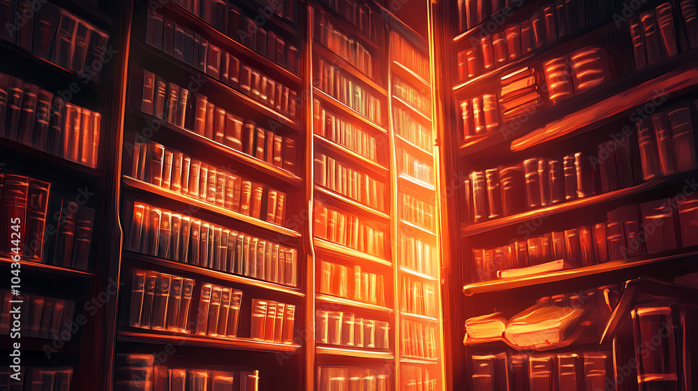 Mystical ancient library: dusty leatherbound tomes on bookshelves bathed in soft ambient light. Arcane Library. Illustration Mystical ancient library: dusty leatherbound tomes on bookshelves bathed in soft ambient light. Arcane Library. Illustration
