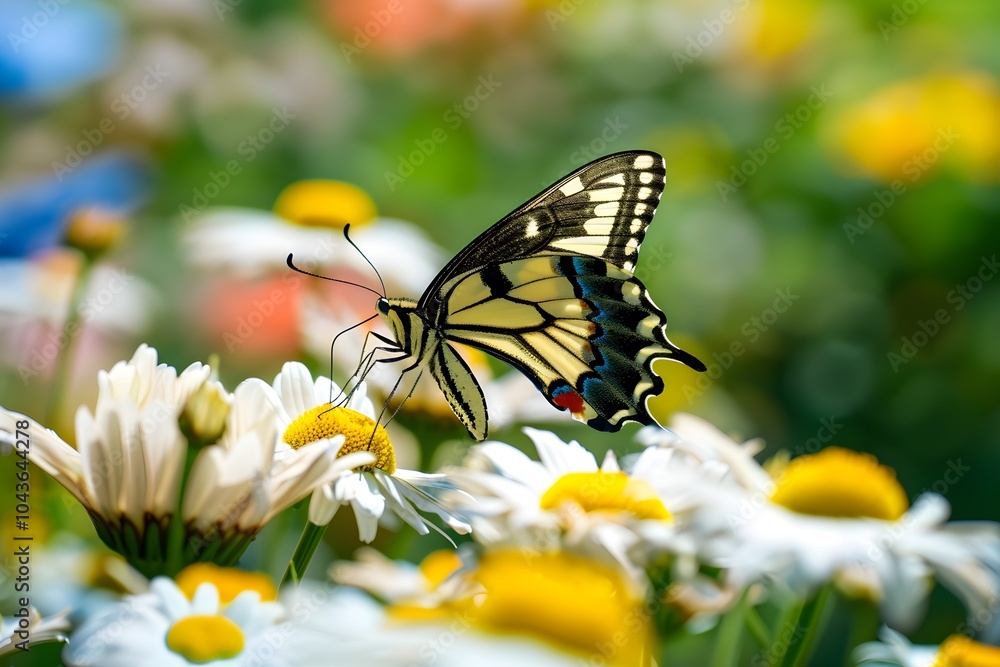 Colorful Butterfly on White Daisy Flowers in Garden Colorful Butterfly on White Daisy Flowers in Garden