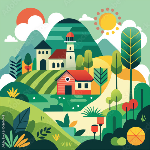 Nature and landscape vector with trees, mountains, flowers, farms, and villages. Perfect for backgrounds or covers.