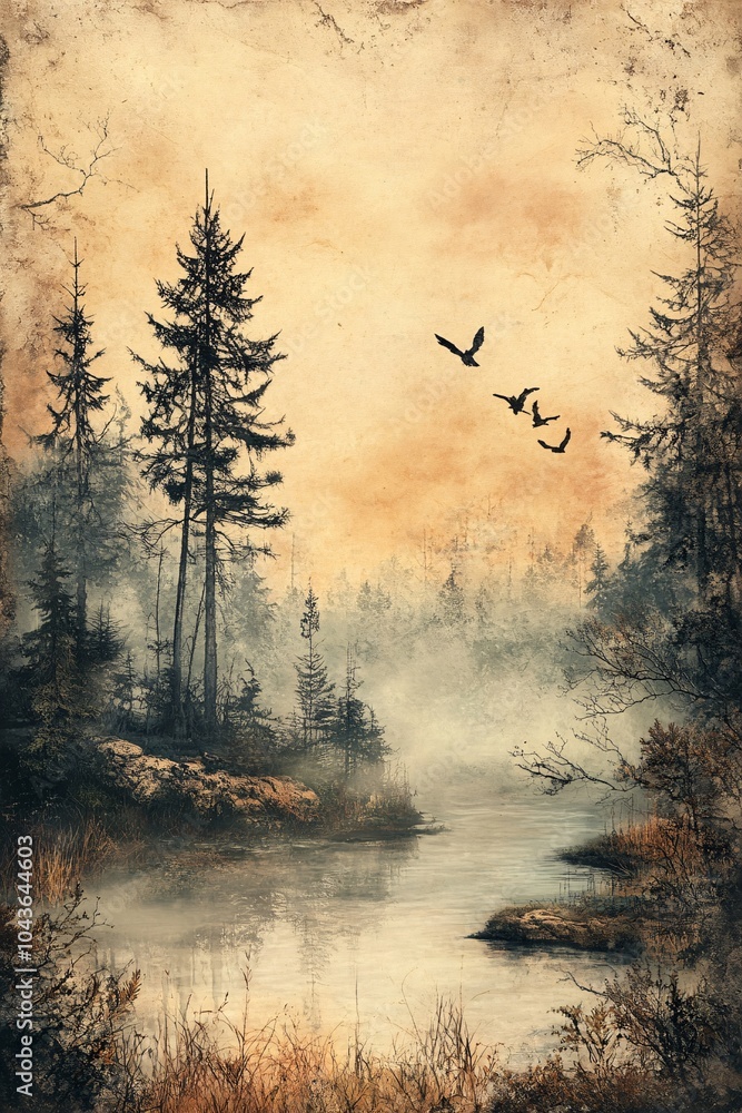 Serene misty landscape with tall pines and birds flying over calm waters at dawn in a tranquil nature scene Serene misty landscape with tall pines and birds flying over calm waters at dawn in a tranquil nature scene