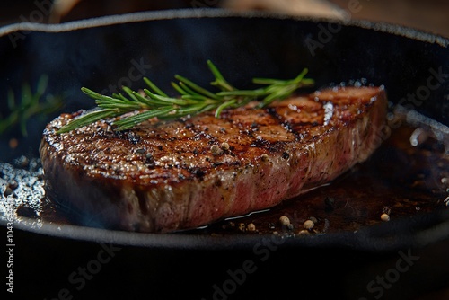 Delicious grilled steak in a cast-iron skillet garnished with fresh rosemary on a rustic wooden table.