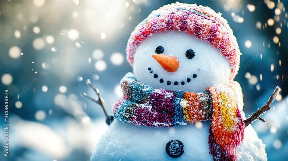 Snowman wearing a scarf and hat enjoying the snowfall Snowman wearing a scarf and hat enjoying the snowfall