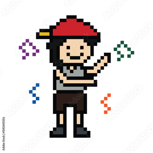 Cute cartoon pixel character cute man exercises training dance lifestyle music decoration life style 8 bit male boy dance with music game fitness isolated PNG vector.