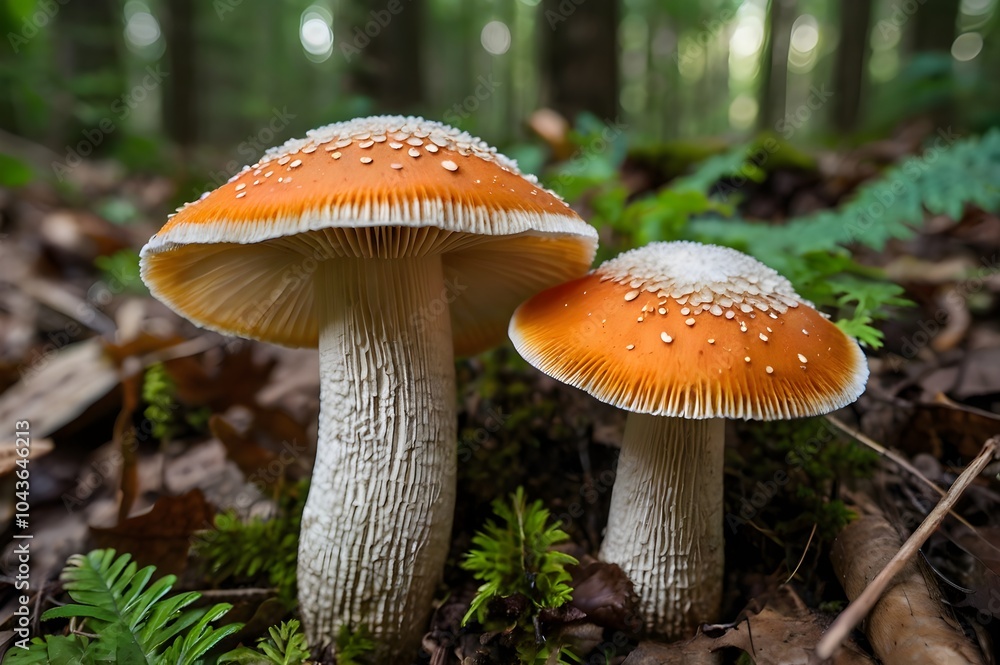 Fototapeta premium White and orange cap mushrooms growing in the woods.