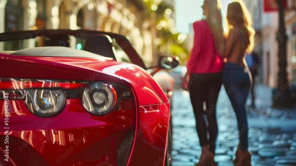 Two friends chat animatedly in front of a shiny red convertible backs to the camera as they marvel at the highperformance vehicle. . . Two friends chat animatedly in front of a shiny red convertible backs to the camera as they marvel at the highperformance vehicle. . .