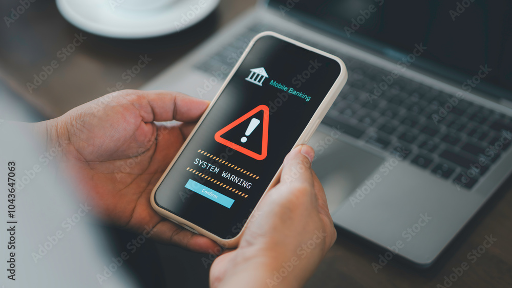 Emergency warning alert alarm on Smartphone, Data network protection, mobile cybersecurity or a password to confirm login in the online banking application. security technology digital information.