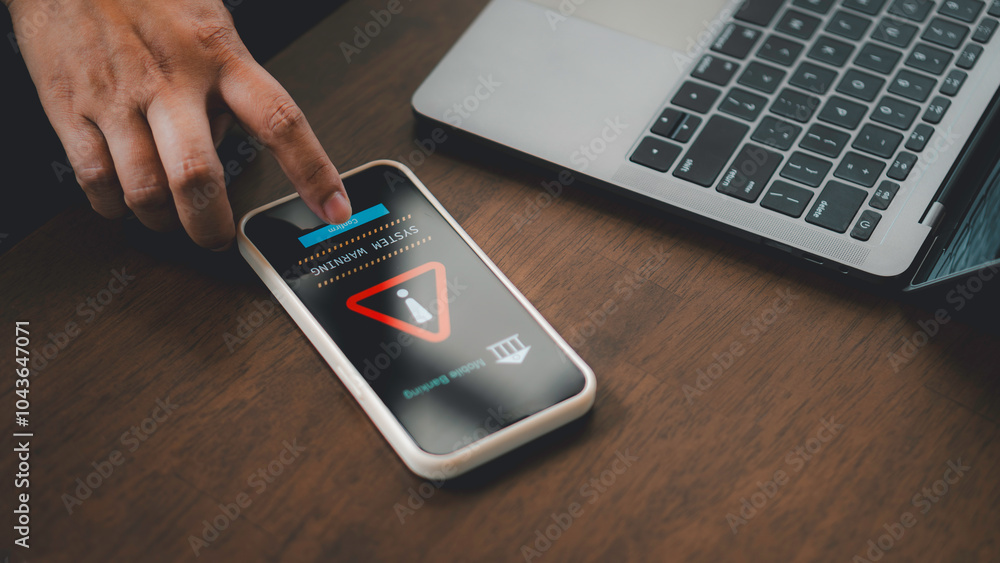 Emergency warning alert alarm on Smartphone, Data network protection, mobile cybersecurity or a password to confirm login in the online banking application. security technology digital information.