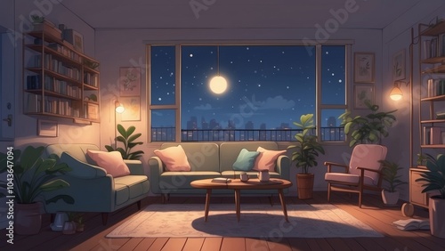 Cozy Evening Living Room with Soft Lighting and Lush Indoor Plants. A comfortable sofa with plush pillows and a coffee table with cups and an open book create a homely feel