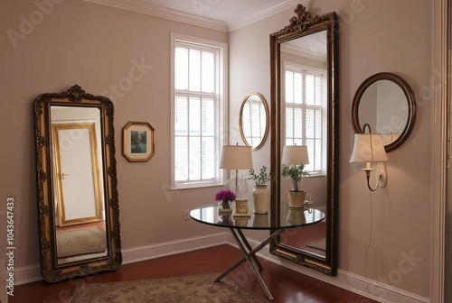 Mirrors placed strategically in room corners to reflect and expa photo