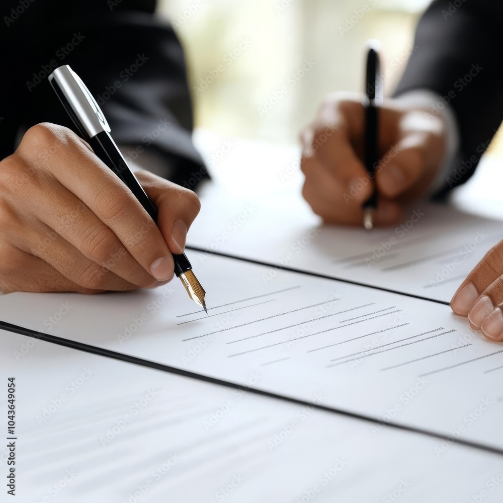 Close-up of a funding agreement being signed, with documents and pens on the table Close-up of a funding agreement being signed, with documents and pens on the table
