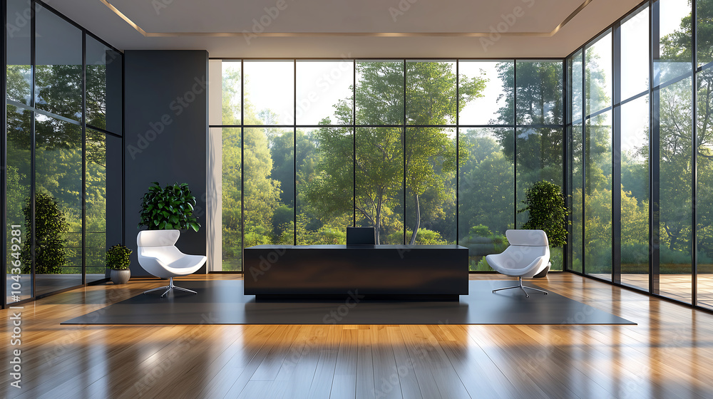 Modern office reception with sleek black desk and large glass windows overlooking nature Modern office reception with sleek black desk and large glass windows overlooking nature