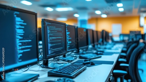 Wallpaper Mural A row of computers displaying code in a modern workspace. Torontodigital.ca
